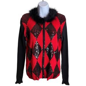 Vintage Berek Women's Red Black Sequins Diamond Pattern Fur Trim Cardigan Size L